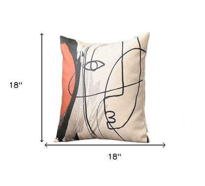 Set of Four 18" Ivory Black and Red Abstract Face Fabric Throw Pillows