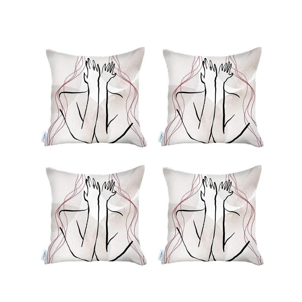 Set Of Four 18" X 18" Black And Grey Abstract Zippered Handmade Polyester Throw Pillow