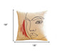 Set of Four 18" Ivory Black and Red Abstract Face Fabric Throw Pillows