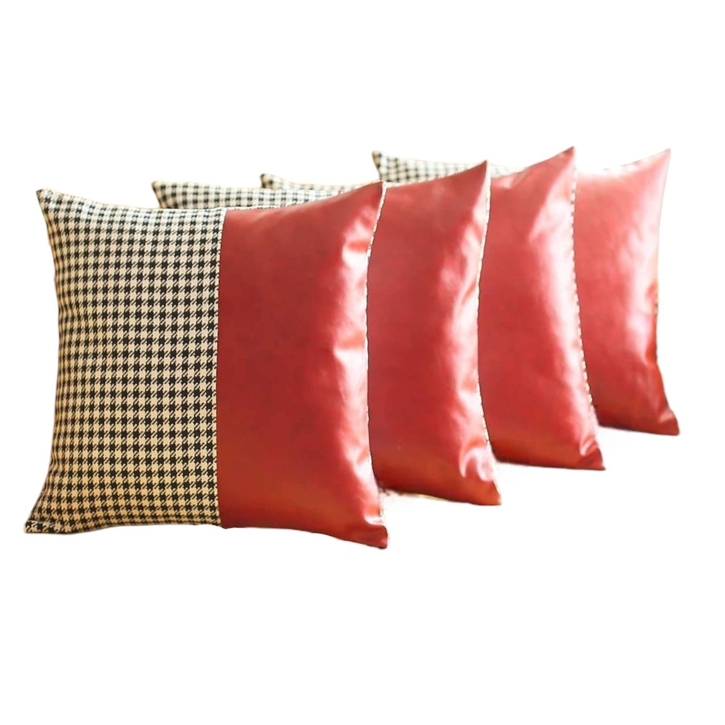 Set Of Four 18" X 18" Red Polyester Houndstooth Zippered Pillow