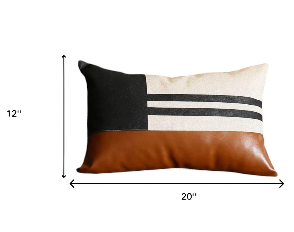 Set of Four 12" X 20" Brown Black and Ivory Striped Fabric and Faux Leather Lumbar Throw Pillows