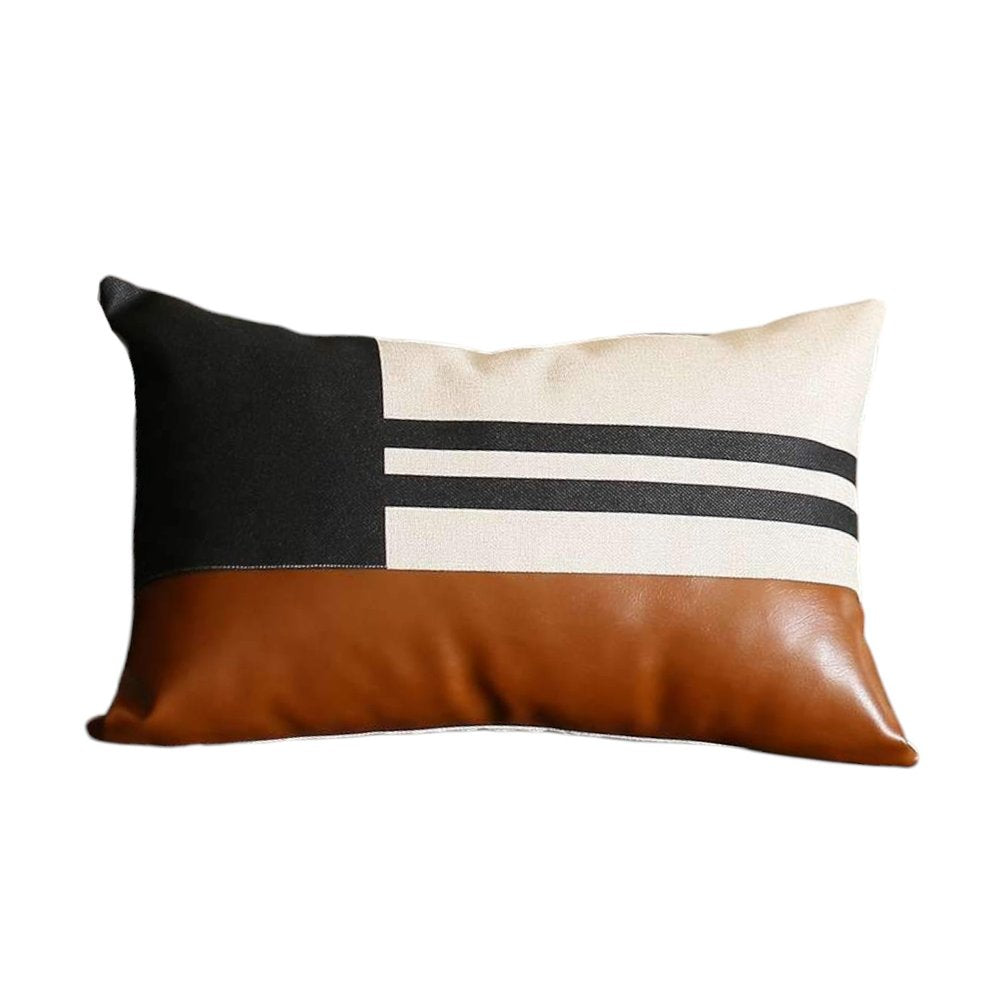 Set of Four 12" X 20" Brown Black and Ivory Striped Fabric and Faux Leather Lumbar Throw Pillows