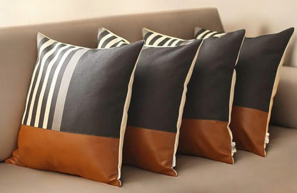 Set Of Four 18" X 18" Brown And Black Polyester Striped Zippered Pillow