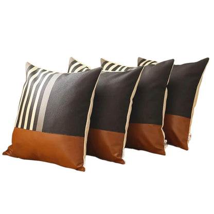 Set Of Four 18" X 18" Brown And Black Polyester Striped Zippered Pillow