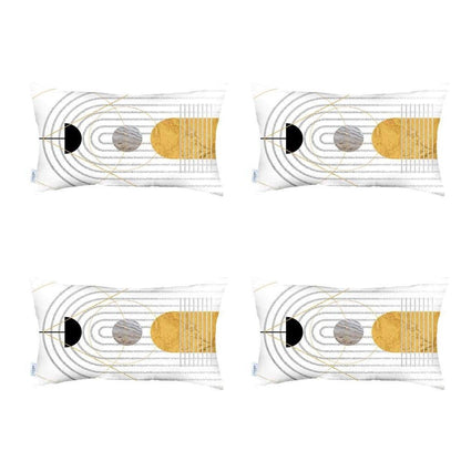 Set Of Four 20" X 12" Black And Yellow Abstract Zippered Handmade Polyester Lumbar Pillow