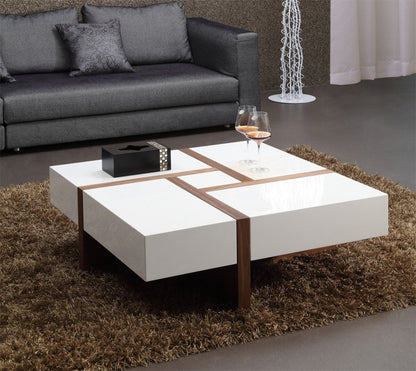 39" Brown and White Wood Square Solid Coffee Table With Four Drawers
