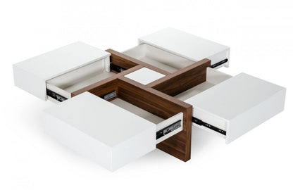 39" Brown and White Wood Square Solid Coffee Table With Four Drawers