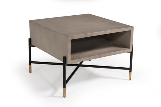 25" Gray and Black Concrete And Metal Square Coffee Table With Shelf