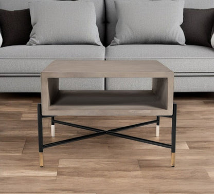 25" Gray and Black Concrete And Metal Square Coffee Table With Shelf