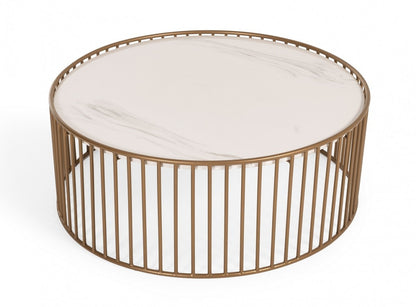 Modern Round White and Gold Faux Marble Coffee Table