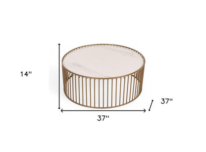 37" White and Gold Faux Marble And Metal Round Frame Coffee Table