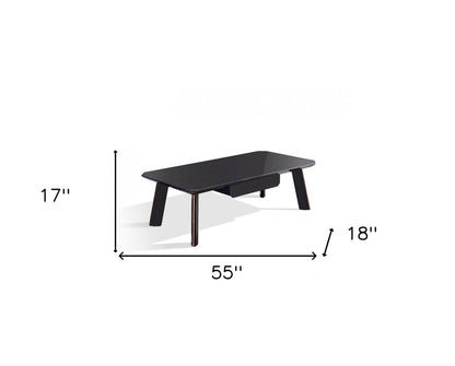 55" Ebony and Dark Brown Wood And Stainless Steel Coffee Table With Drawer