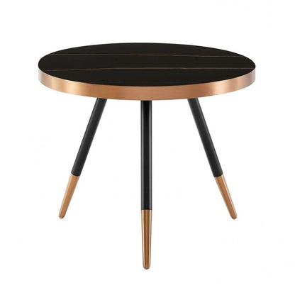 20" Black and Gold Faux Marble And Metal Round Coffee Table