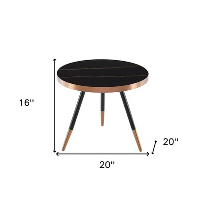 20" Black and Gold Faux Marble And Metal Round Coffee Table