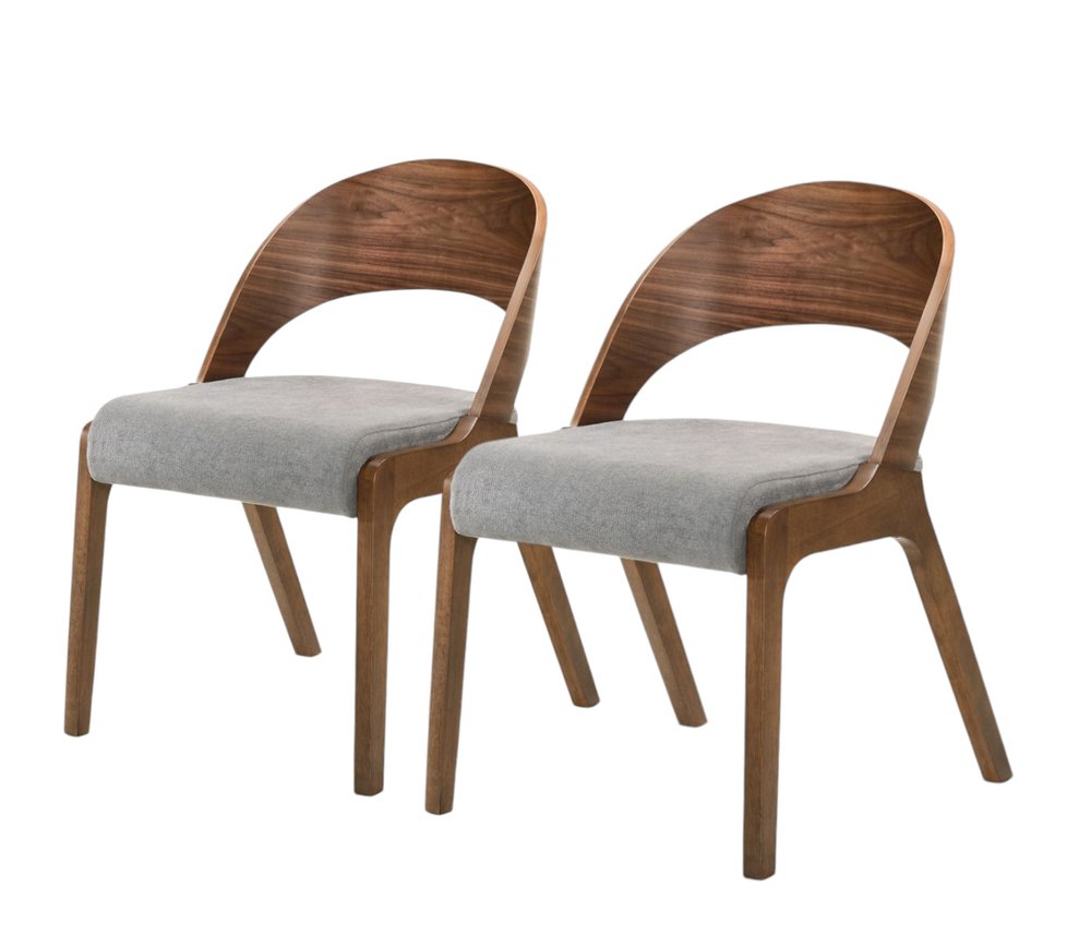 Set of Two Gray and Brown Upholstered Fabric Curved Back Dining Side Chairs