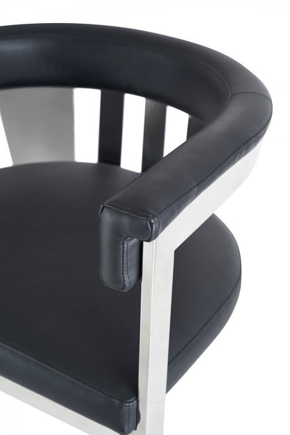Black and Silver Upholstered Faux Leather Slat Back Dining Arm Chair
