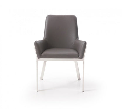 Gray and Silver Upholstered Faux Leather Dining Arm Chair