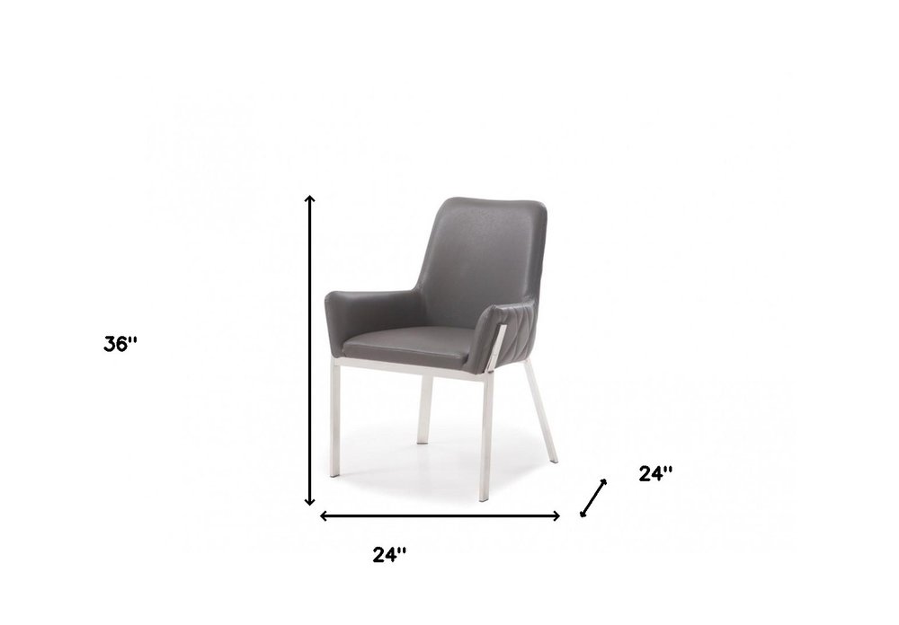 Gray and Silver Upholstered Faux Leather Dining Arm Chair