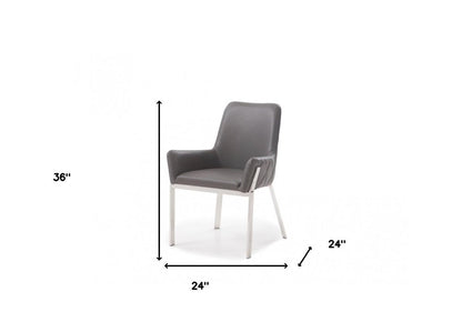 Gray and Silver Upholstered Faux Leather Dining Arm Chair