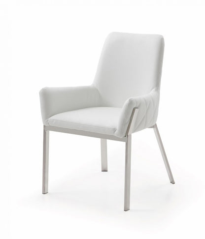 White And Silver Upholstered Faux Leather Dining Arm Chair