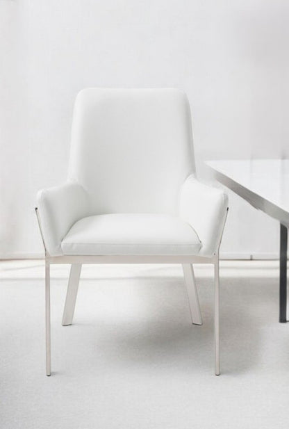 White and Silver Upholstered Faux Leather Dining Arm Chair
