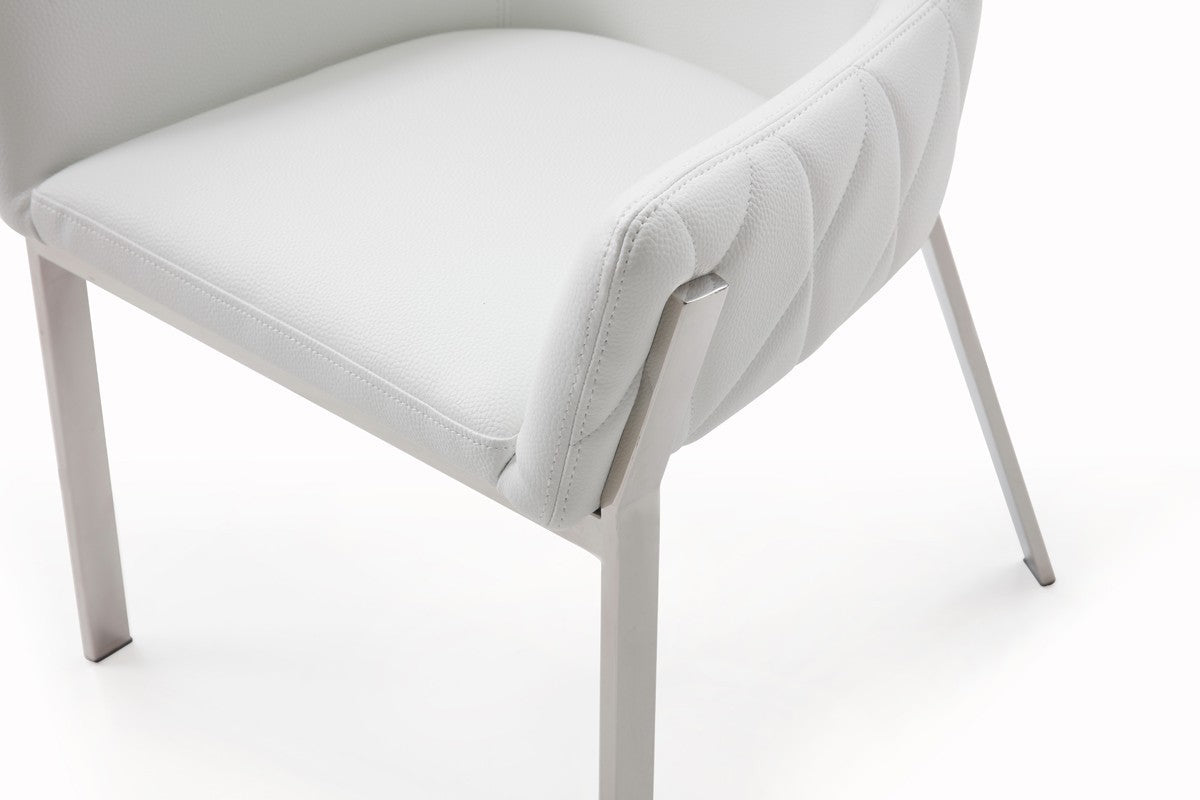 White And Silver Upholstered Faux Leather Dining Arm Chair