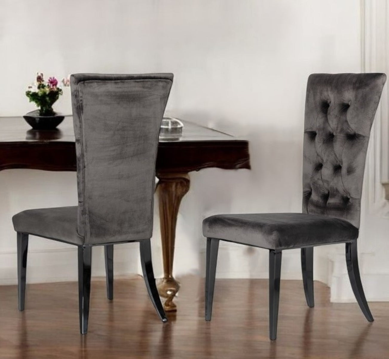 Set of Two Gray And Black Upholstered Velvet Dining Side Chairs