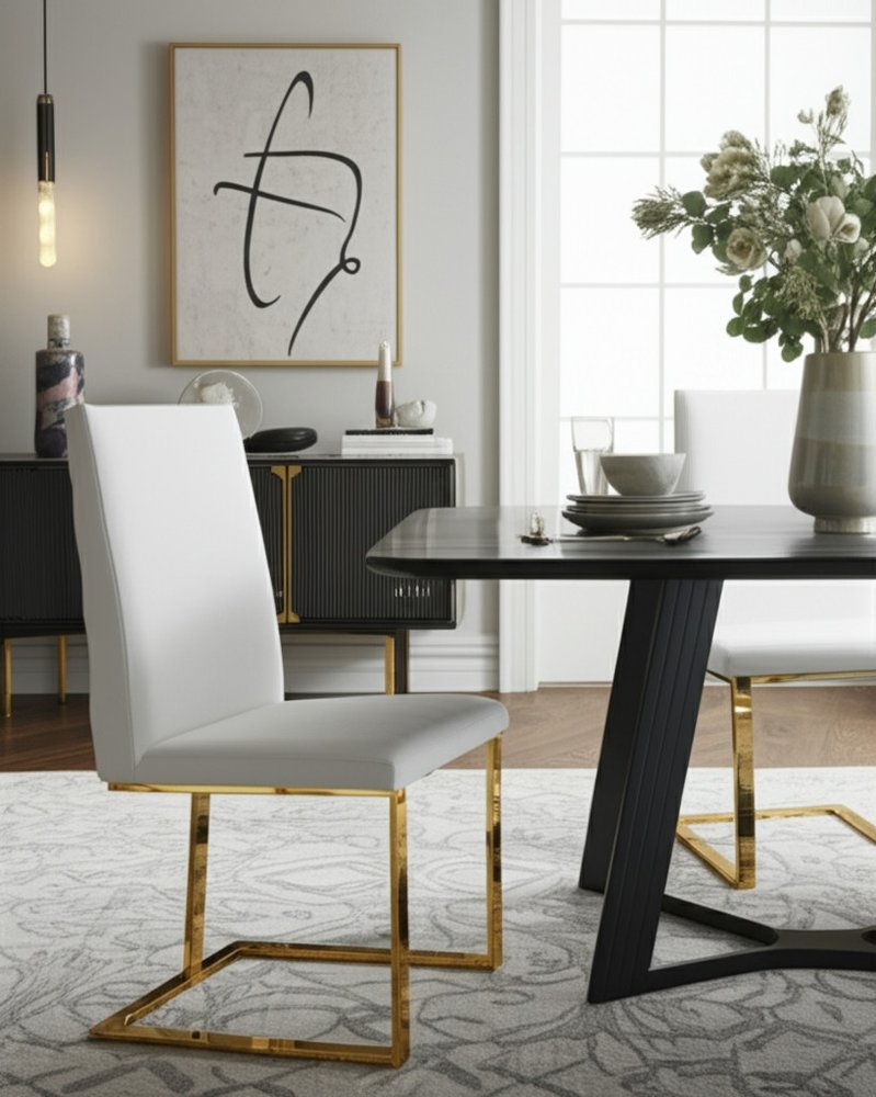 White and Gold Upholstered Faux Leather Dining Side Chair