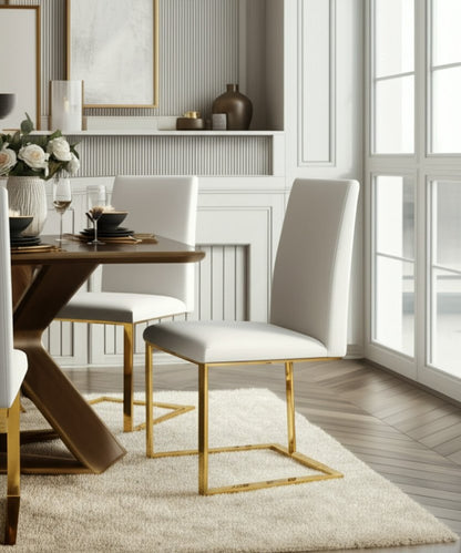 White and Gold Upholstered Faux Leather Dining Side Chair
