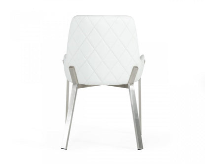 White and Silver Upholstered Faux Leather Dining Arm Chair