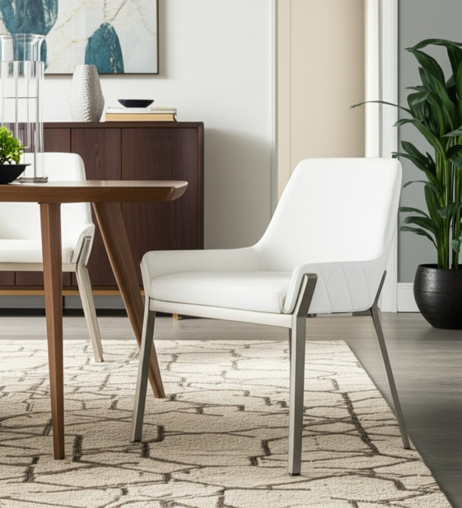 White and Silver Upholstered Faux Leather Dining Arm Chair