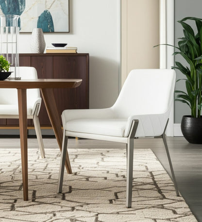 White and Silver Upholstered Faux Leather Dining Arm Chair