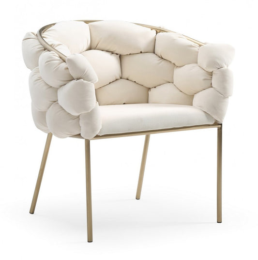 White and Brass Upholstered Fabric Dining Arm Chair