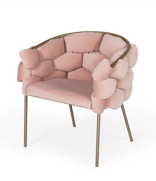 Pink and Brass Upholstered Fabric Dining Arm Chair