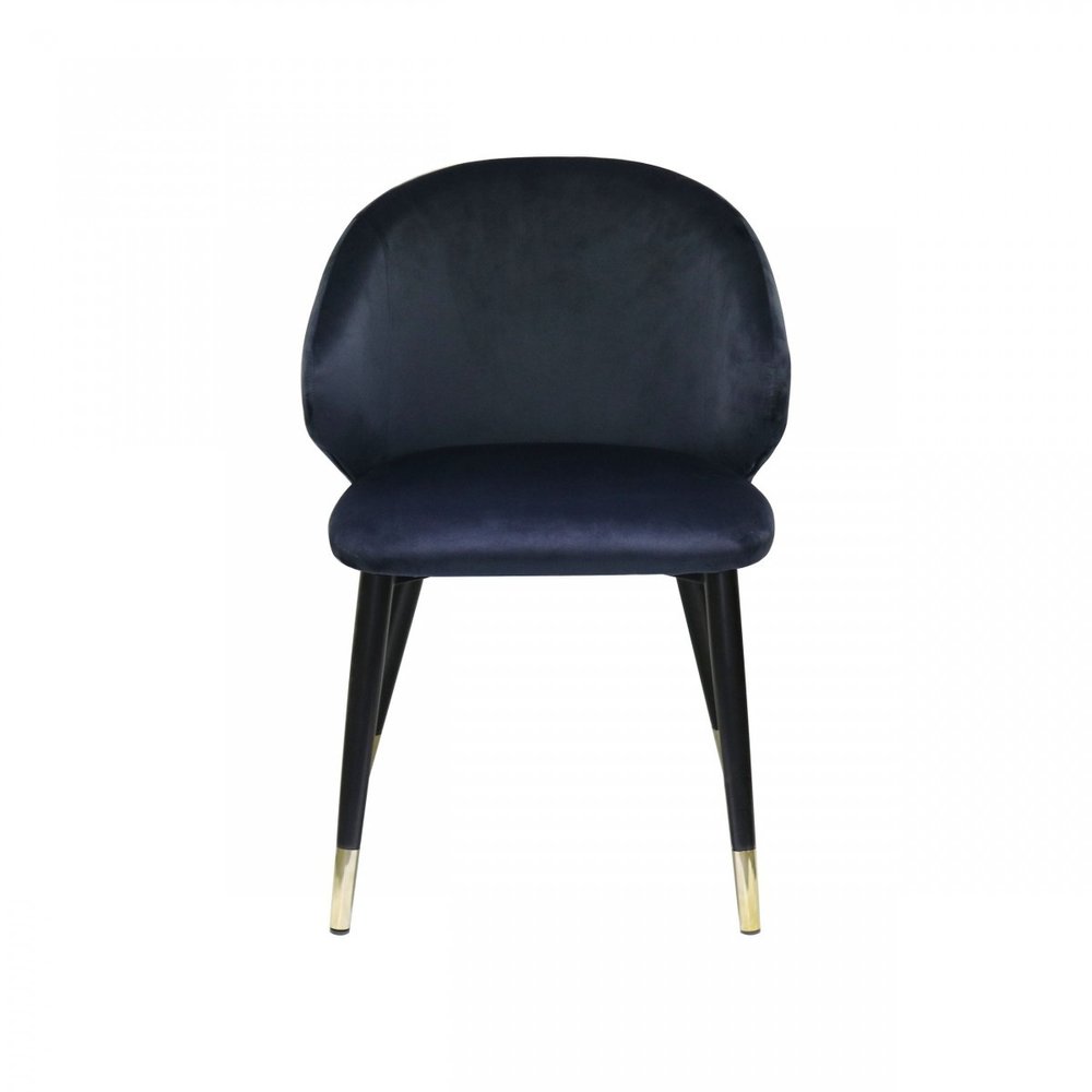 Set of Two Blue Black and Gold Upholstered Velvet Wing Back Dining Arm Chairs