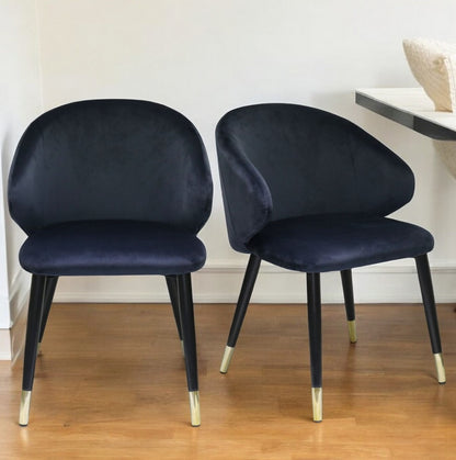 Set of Two Blue And Black and Gold Upholstered Velvet Wing Back Dining Arm Chairs