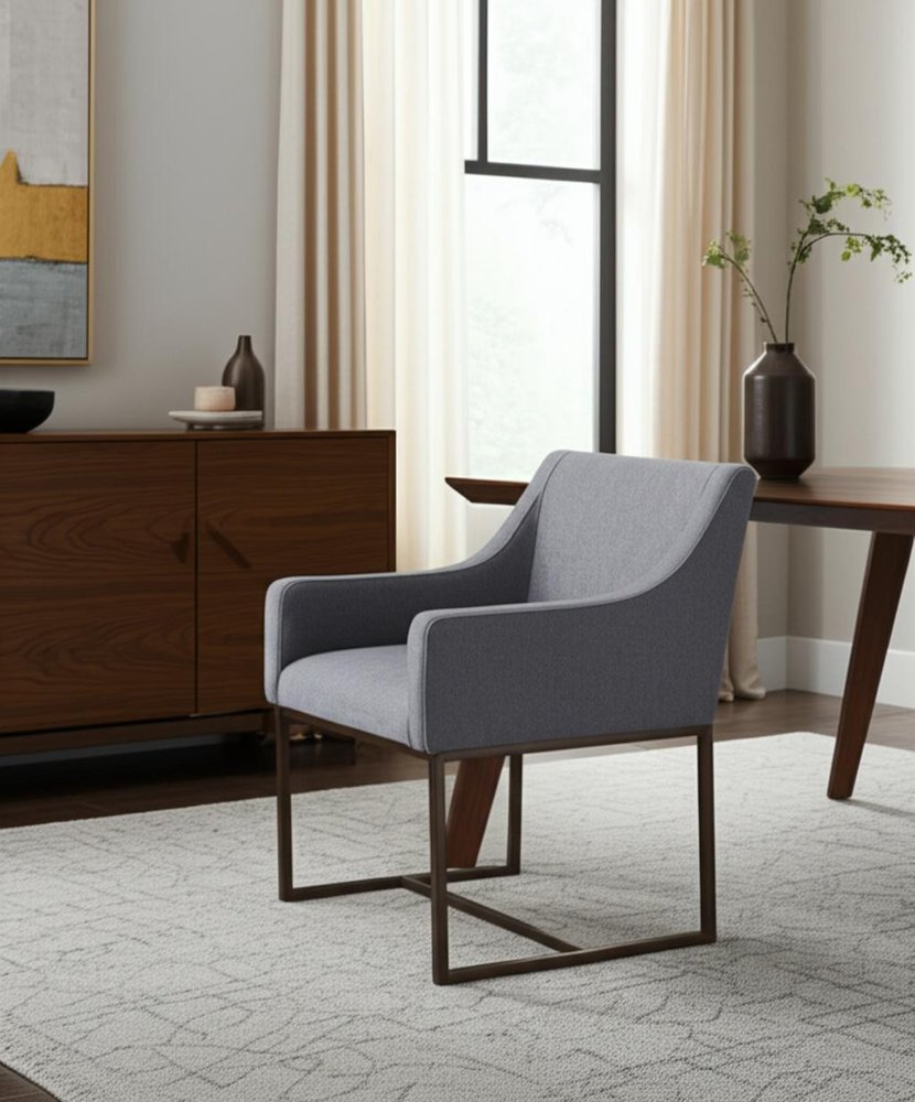 Gray and Antiqued Brass Upholstered Fabric Dining Arm Chair
