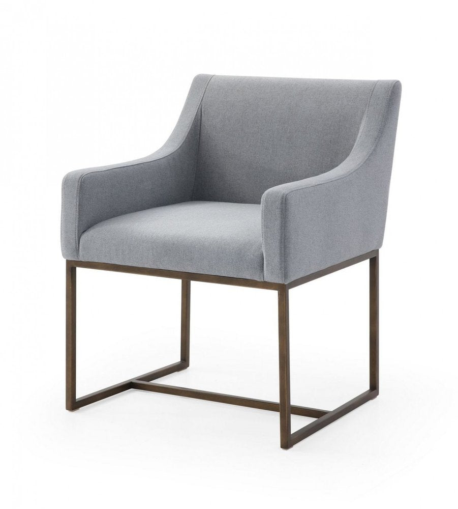 Gray and Antiqued Brass Upholstered Fabric Dining Arm Chair