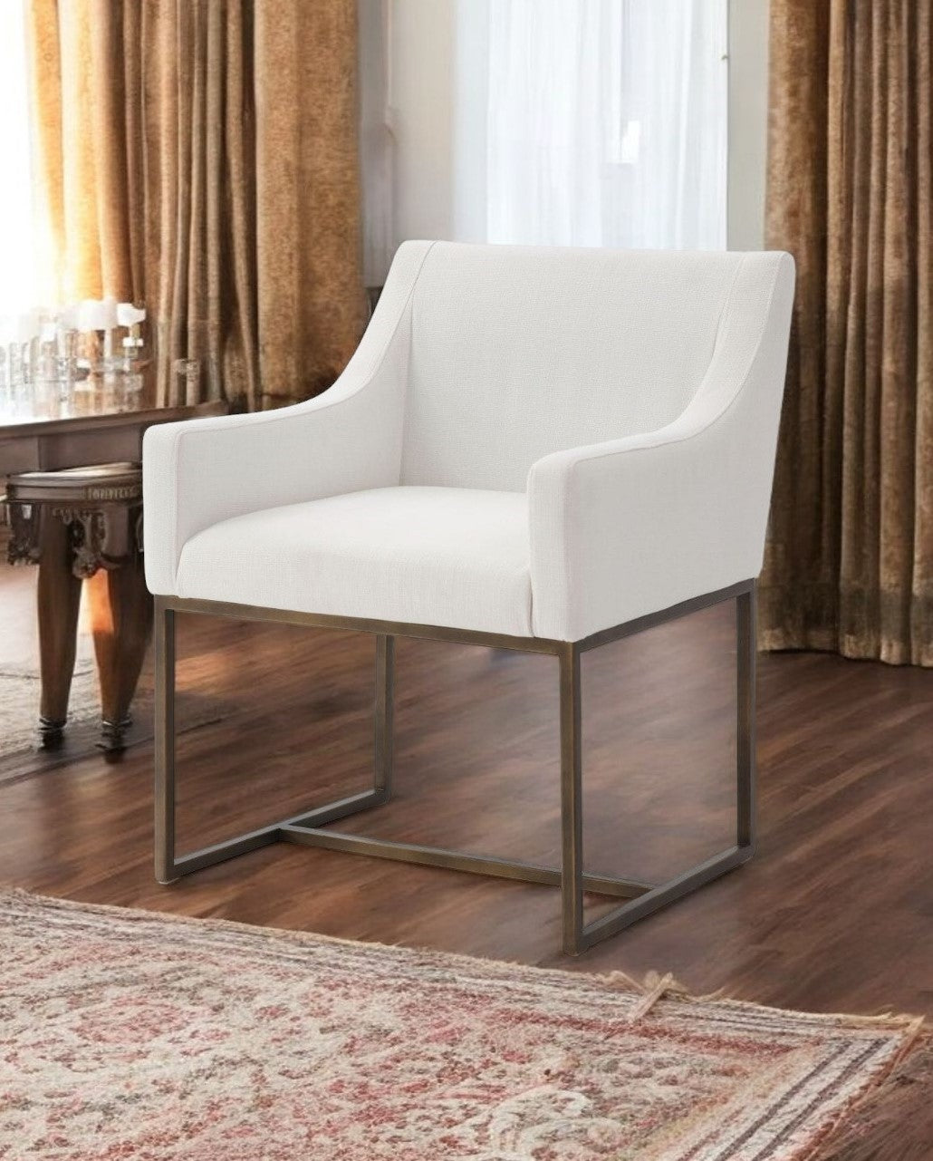 White And Brass Upholstered Fabric Dining Arm Chair