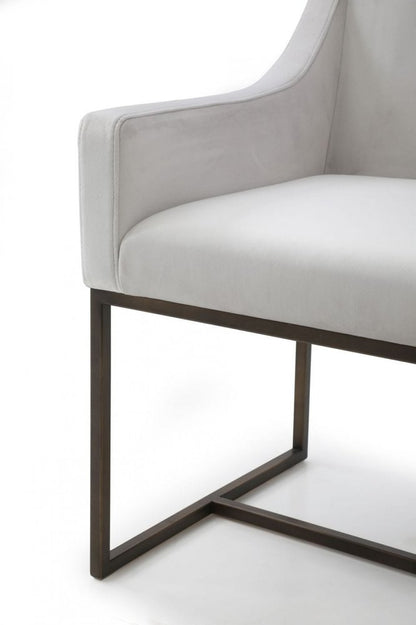 Beige and Antiqued Brass Upholstered Fabric Dining Arm Chair
