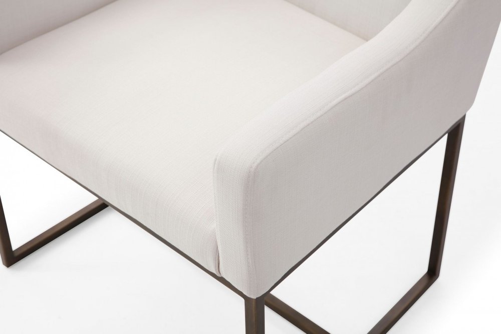 Beige and Antiqued Brass Upholstered Fabric Dining Arm Chair