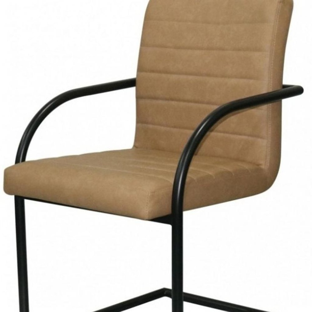 Set of Two Tan and Black Upholstered Faux Leather Dining Arm Chairs