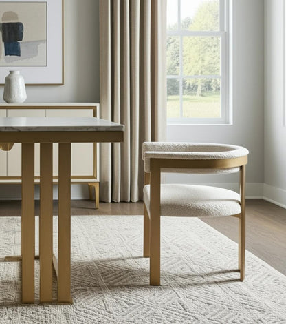 Beige and Gold Upholstered Velvet Slat Back Dining Arm Chair