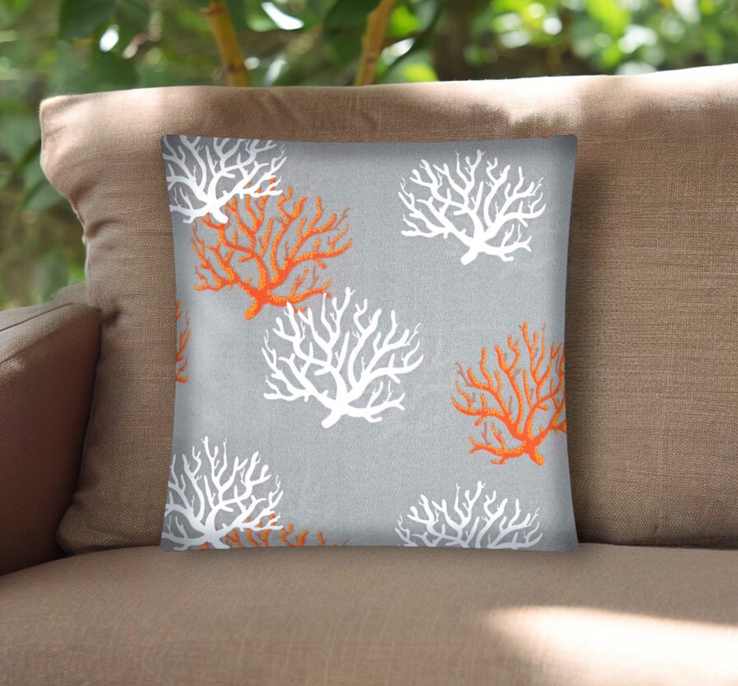 17" Gray Orange and White Coral Indoor Outdoor Throw Pillow Cover