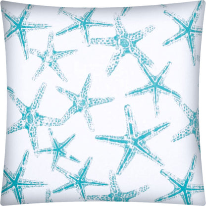 17" Turquoise and White Starfish Indoor Outdoor Throw Pillow Cover