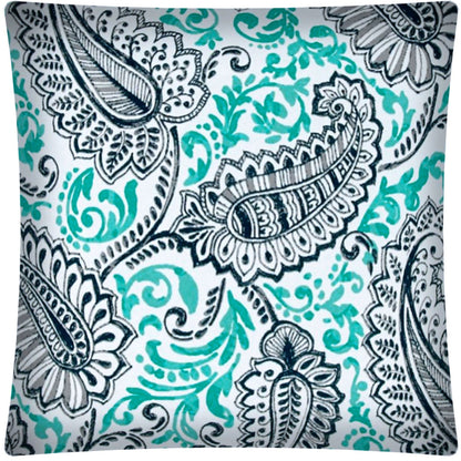 17" Turquoise Navy and White Paisley Indoor Outdoor Throw Pillow Cover