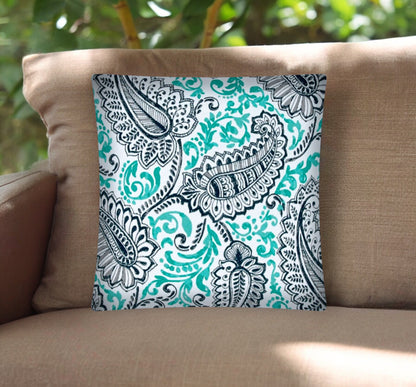 17" Turquoise Navy and White Paisley Indoor Outdoor Throw Pillow Cover