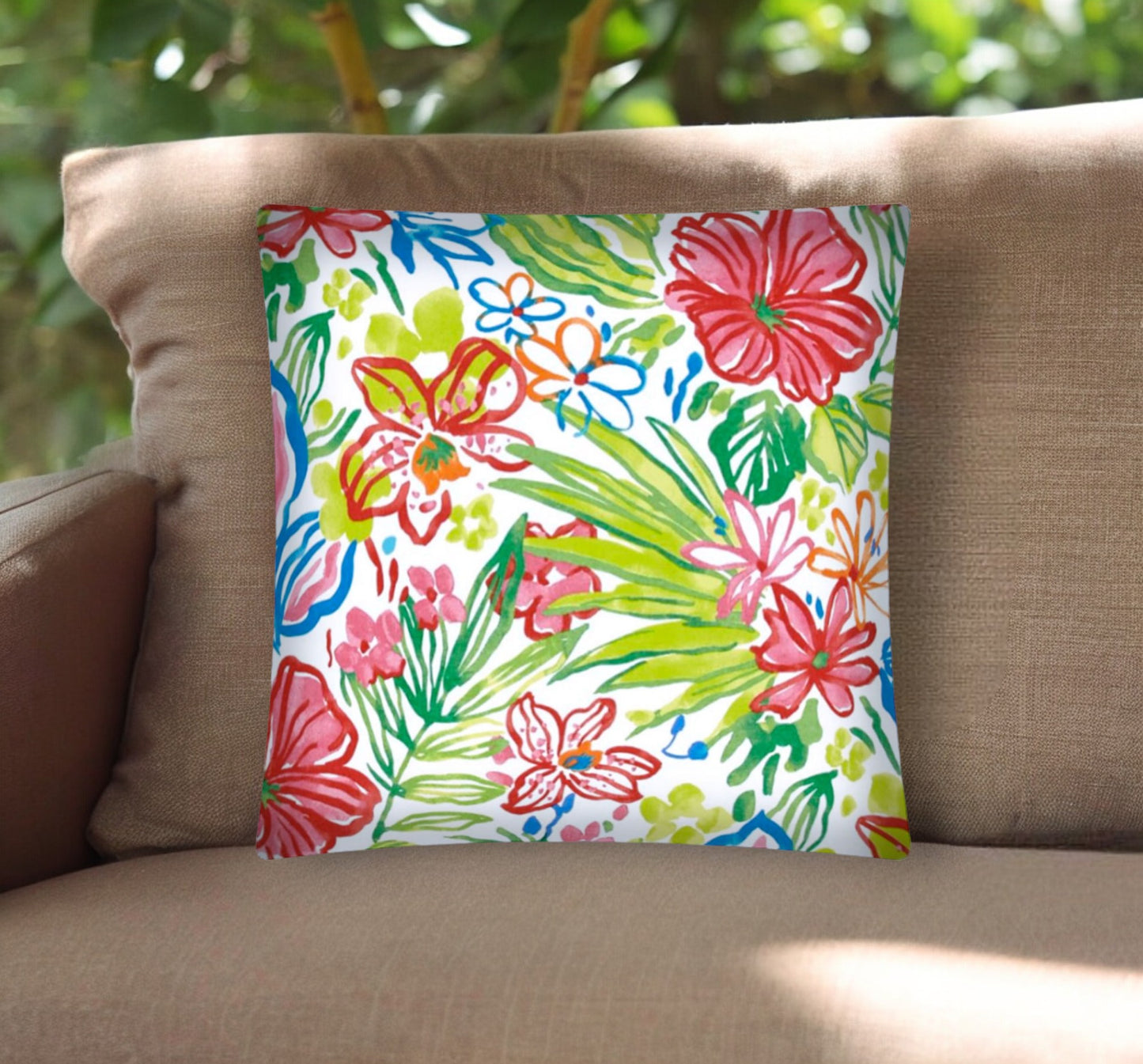 17" Green and Pink Floral Indoor Outdoor Throw Pillow Cover