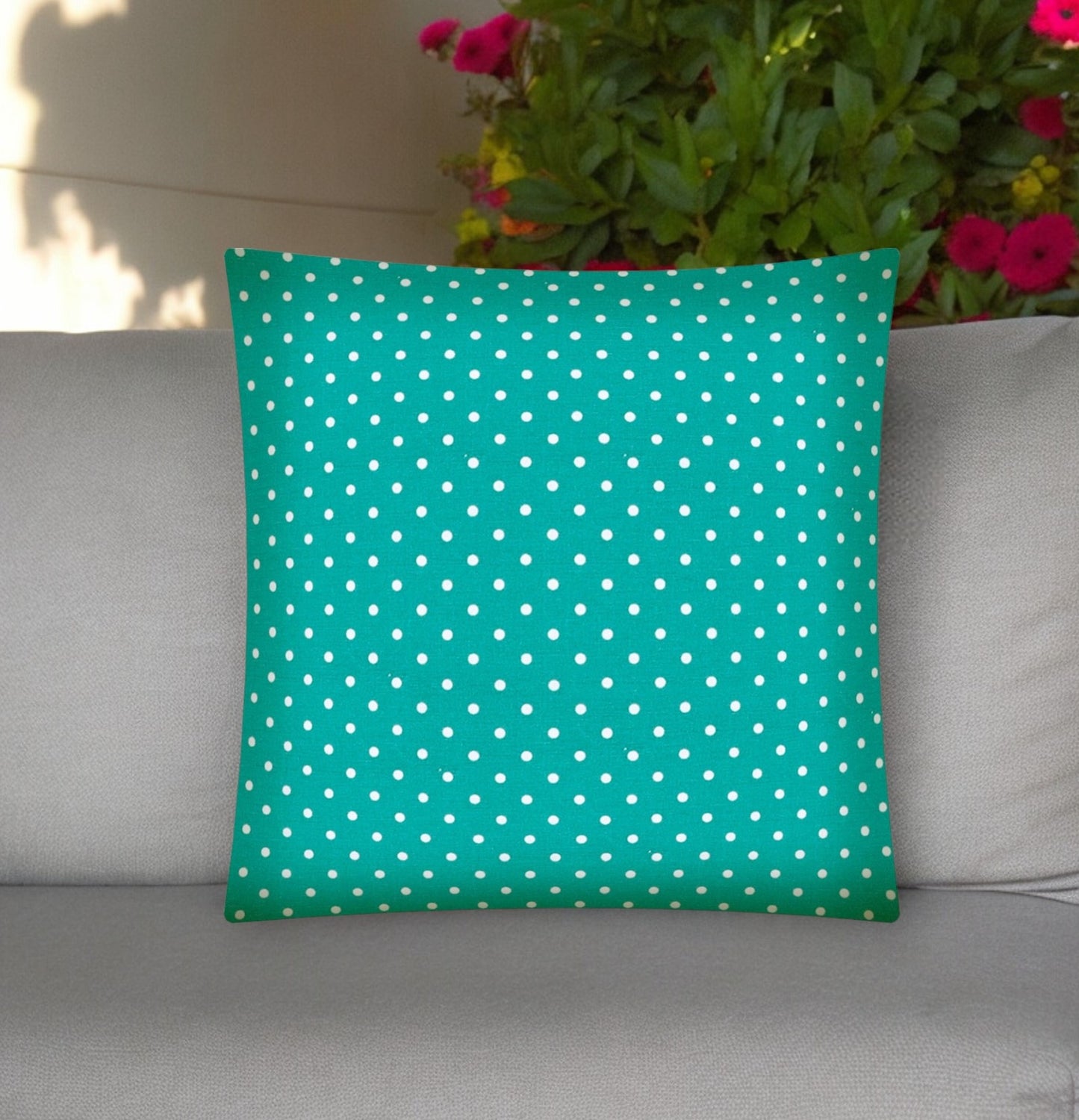 17" Turquoise and White Polka Dot Indoor Outdoor Throw Pillow Cover