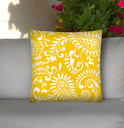 17" Yellow and White Paisley Indoor Outdoor Throw Pillow Cover